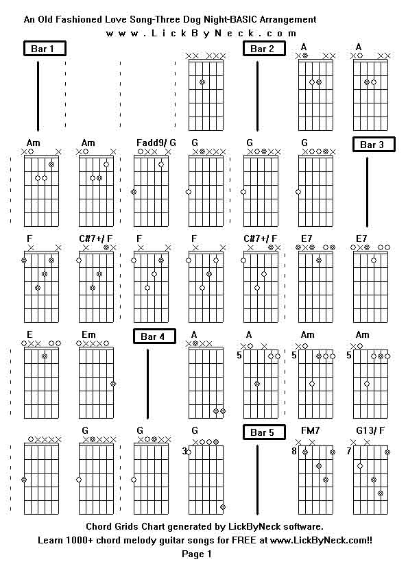 Chord Grids Chart of chord melody fingerstyle guitar song-An Old Fashioned Love Song-Three Dog Night-BASIC Arrangement,generated by LickByNeck software.